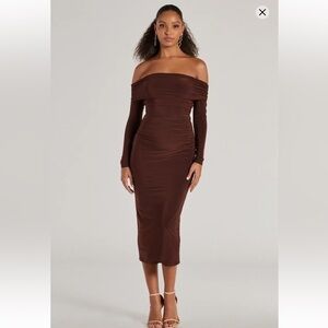 NWT windsor Casual Affair Long Sleeve Ruched Midi Dress brown size S